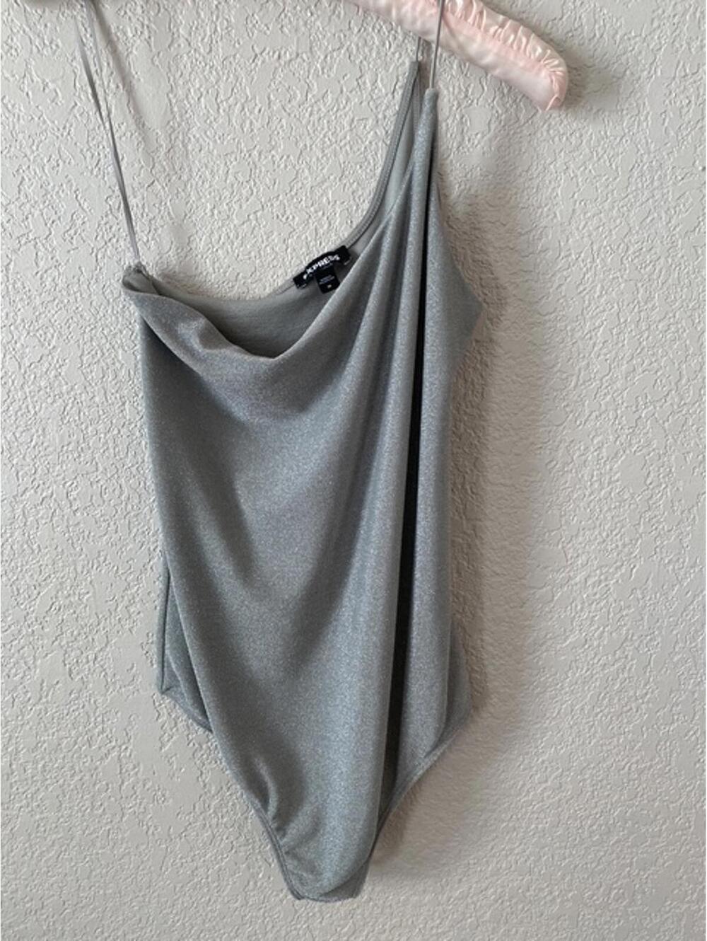 Express Silver Shimmer Body Suit One Shoulder Asymmetrical Medium